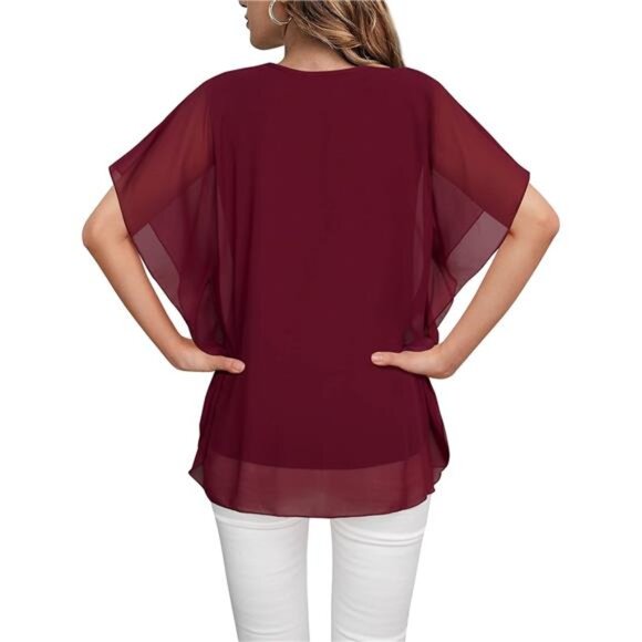 Women's Loose Flouncing Flutter Sleeve Double-Layered Shirt Chiffon Elegant - Picture 3 of 6